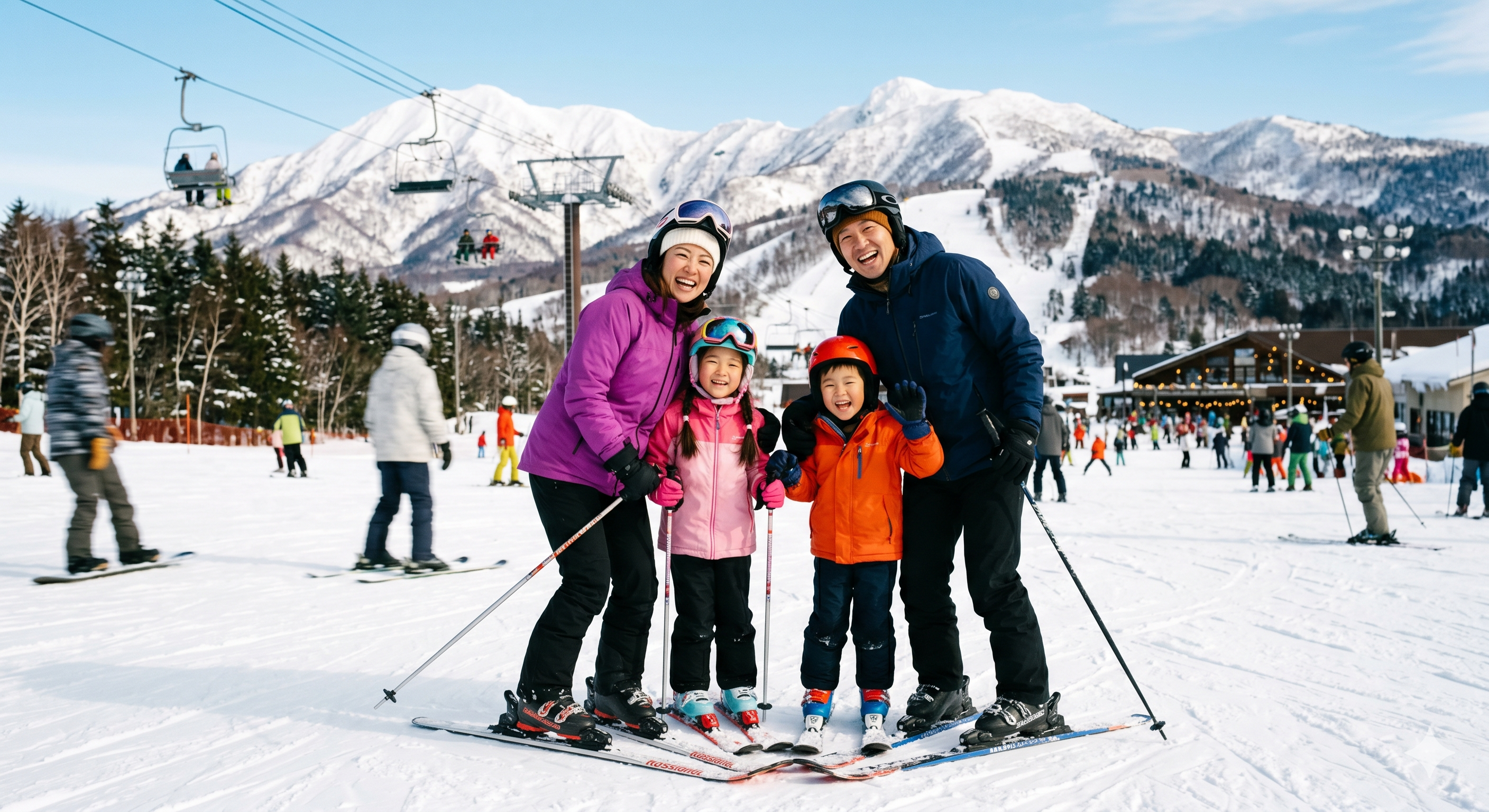 Happy family in ski equipment at the top of a ski slope